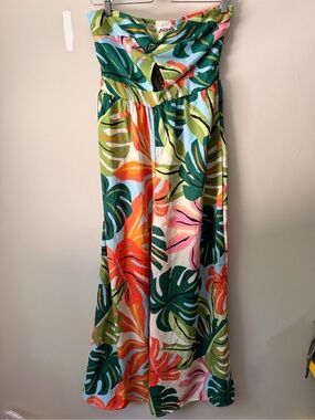 Tropical Strapless Jumpsuit with Leaf Print